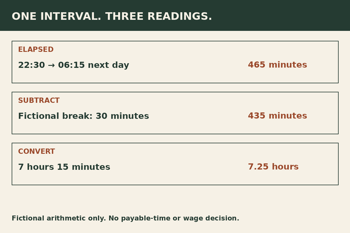 Fictional overnight interval: 22:30 to 06:15 next day is 465 minutes; subtract 30 gives 435 minutes or 7.25 hours.